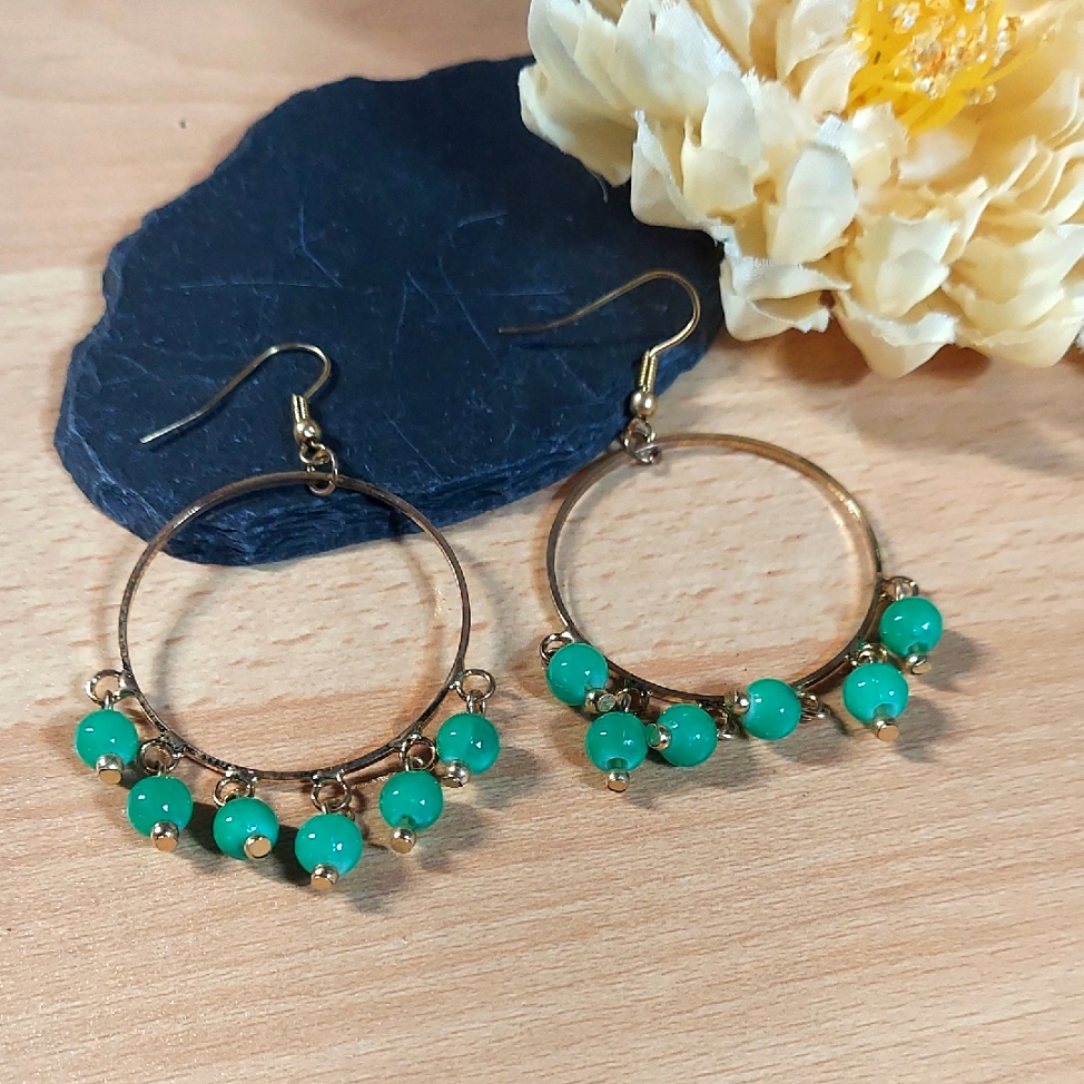E3027 Elegant Gold And Green Beaded Dangle Hoop Drop Earrings 7$